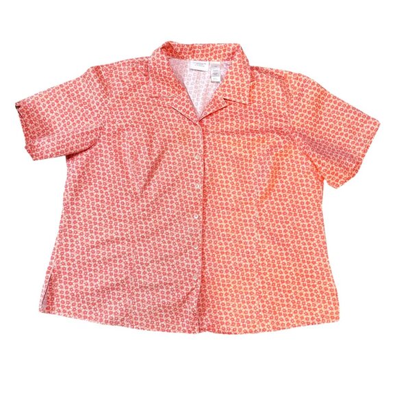 Liz Claiborne Woman Coral Cotton Floral Button-Up Blouse Size 22W Short Sleeve - Picture 1 of 9